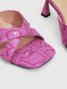 CUCCOO SZL Giày nữ mùa xuân hè mới, mũi vuông, họa tiết da rắn, gót ly rượu vang, gót trung bình, phong cách lãng mạn thanh lịch, dép cao gót nữ, giày dự tiệc, hẹn hò, tiệc trà chiều, ngày Valentine, váy thanh lịch - Hồng - Xem 5