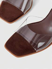 Mnmlis Sandales à bride transparente et à bout carré avec talon fin pour femmes, talons compensés minimalistes et chics en marron clair pour un port quotidien, le travail, les sorties, l'été - Tabac - Voir 4