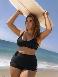 Swim SPRTY Quần short đi biển dáng rộng màu trơn khoét lỗ dành cho nữ cỡ lớn, thích hợp cho hoạt động thường ngày. - màu đen - Xem 3