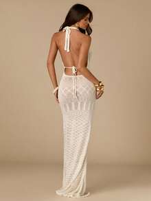 SHEIN BAE 优雅性感休闲度假露背吊带女式毛衣连衣裙 - 米色 - 查看 2