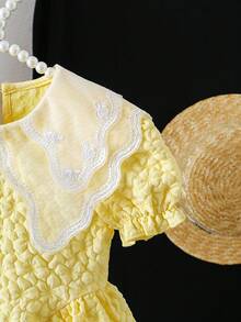 SHEIN Elladie kids Baby Girl Contrast Mesh Embroidery Design Short Puff Sleeve Cute Dress - Yellow - View 4