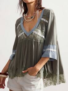 Bohemela Blusa holgada de punto con escote en V y manga corta, estilo patchwork, para mujer, ropa de mujer estilo bohemio, blusas de verano bohemias - verde menta - Ver 2