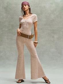 Bohemela 波西米亚风美式休闲星形水钻图案针织露背连体裤（女款） - 卡其色 - 查看 3