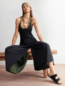 Bohemela Mono de pierna ancha de punto de unicolor casual para mujer - Negro - Ver 2