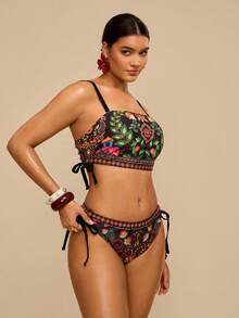 Travachic Plus Size Vacation Beach Plant Print Swimwear Set - Multicolor - View 4