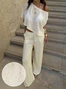 Siren Gaze 女士优雅休闲闪亮亮片透视针织露肩蝙蝠袖短袖宽松上衣，夏季海滩度假派对罩衫白色闪亮上衣奶油色两件套闪亮两件套网纱套装水钻上衣，夏季上衣女士度假套装闪亮套装女士夏季套装两件套女士夏季套装女士套装潮流套装闪亮魅力套装服装配饰时尚套装 - 杏色 - 查看 2