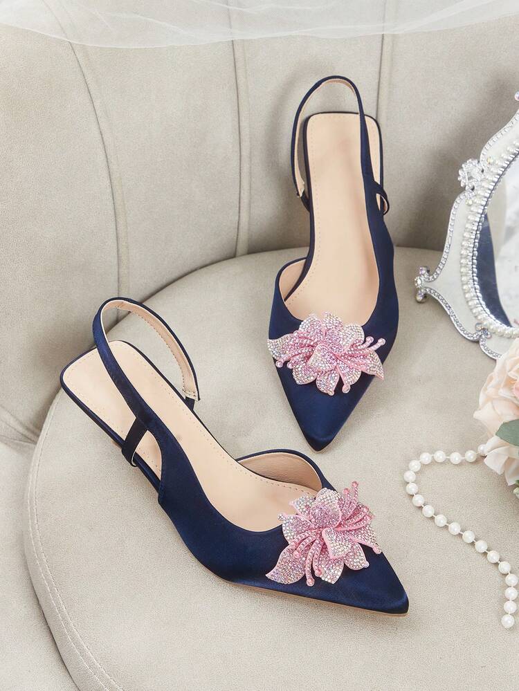 CUCCOO HITCHD Women's High Heel Pumps, Elegant & Graceful Pointed Toe, Pink Rhinestone 3D Flower, Navy Satin, Bridal, Bridesmaid, Wedding Guest Party Open Toe Shoes