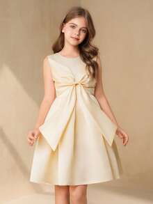 女童公主裙，优雅露背礼服，儿童生日派对礼服，花童婚礼礼服，蝴蝶结礼服 - 香檳色 - 查看 6