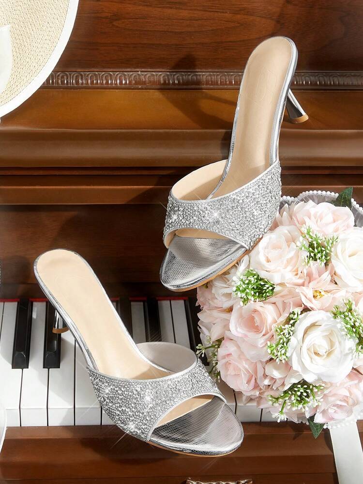 CUCCOO HITCHD Women's Square Toe Rhinestone Decor Slip-On Sandals, Comfortable And Fashionable For Party, Daily Wear, Commuting - Spring/Summer Summer Shoes Wedding Shoes Bride Shoes