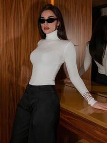 Bris Aura Basic Turtleneck Ribbed Knit Sweater Without Necklace,Long Sleeve Tops Knit Pullover Fall Winter Outfit - White - View 5