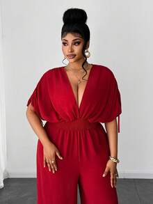 Maweii Bộ jumpsuit dáng rộng, thanh lịch, lãng mạn, cổ chữ V, thắt eo, dành cho nữ, cỡ lớn. - Đỏ - Xem 4