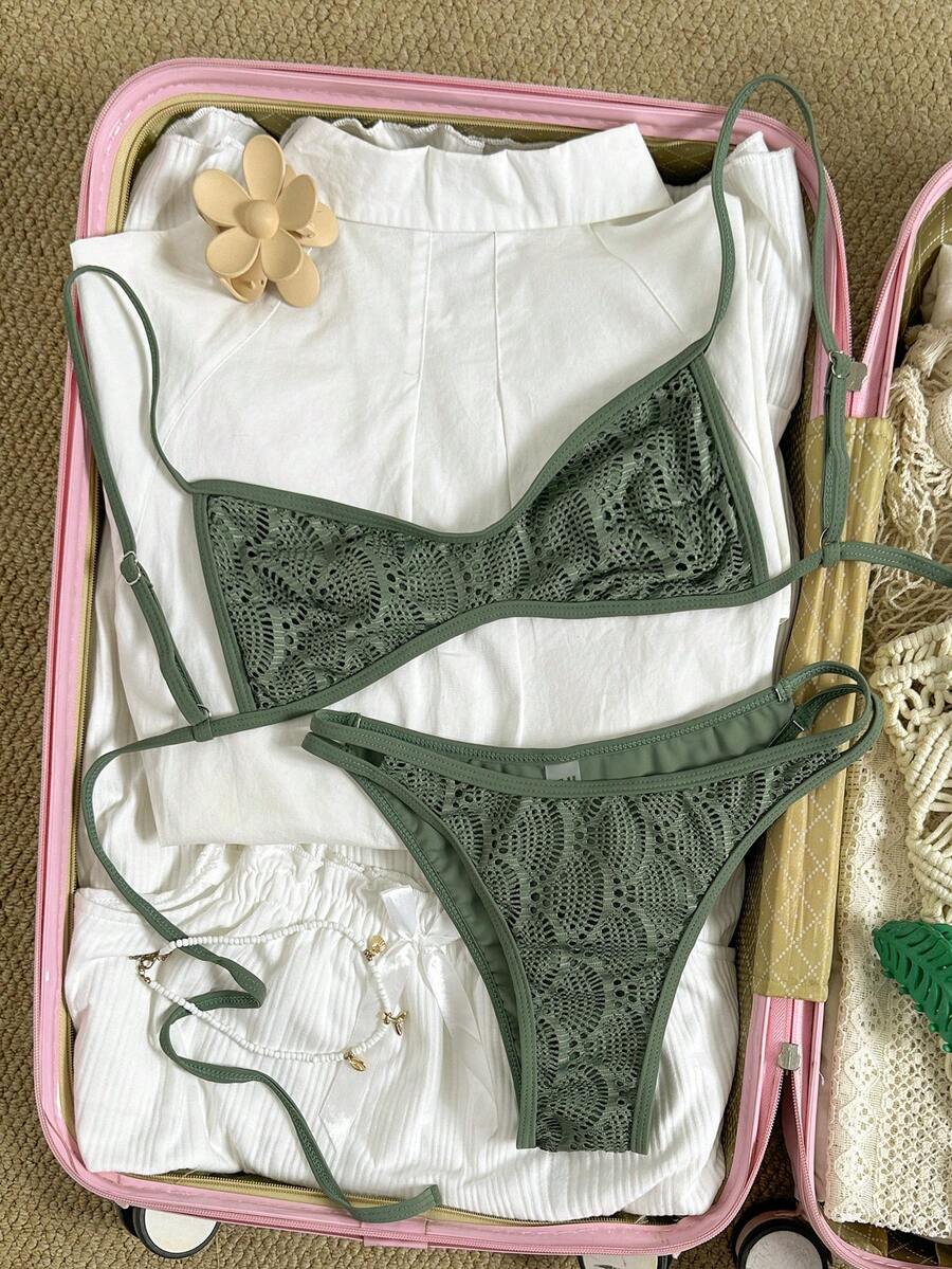 Swim Vcay Spring/Summer Knit Jacquard Wireless Camisole Top And Swim Shorts Women's Beach Vacation Bikini Set Set - Dark Green - View 1