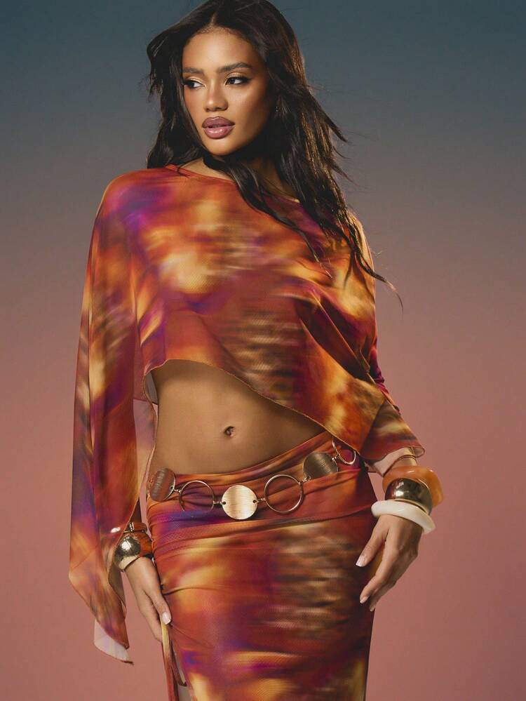 MISSGUIDED タイダイ オフショルダー ケープスリーブ メッシュトップ アブストラクトプリント フォールファッションブラウス