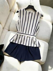 GlowEve Bộ đồ hai mảnh dệt sọc dành cho nữ, phong cách công sở thường ngày, mùa hè. - Nhiều màu - Xem 2