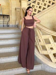 Marta Soriano New Spring/Summer Vacation Casual Fishbone Suspender Pants & Wide Leg Trousers With Pockets 2 Pieces Textured Fabric Set - B Tan Two Piece Set Linen Two Piece Set - Coffee Brown - View 5