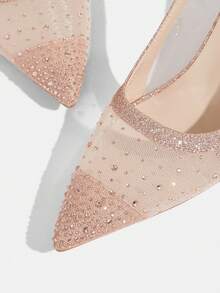 CUCCOO TILAWA Giày nữ, giày thời trang nữ mũi nhọn màu sâm panh đính đá, phối lưới, thời trang dự tiệc, ăn tối, lộng lẫy, gợi cảm, giày cao gót hở gót cho nữ. - Rượu sâm banh - Xem 6