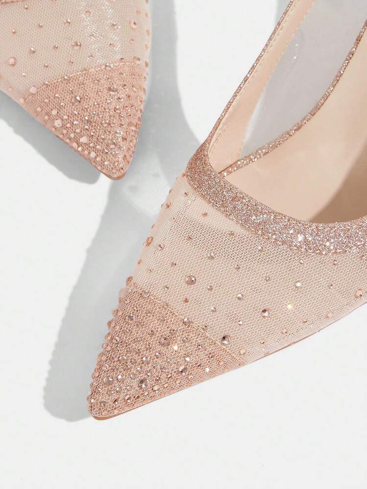 CUCCOO TILAWA Women Shoes Women's Fashion Pointed Champagne Rhinestone Mesh Splicing Fashion Party Dinner Gorgeous Sexy Kitten And Women's High Heel Shoes Slingback Shoes