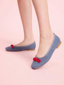 CUCCOO DOLLMOD 女士蓝色绒面革方头蝴蝶结低帮平底鞋，日常百搭可爱女鞋 - 藍色 - 查看 3