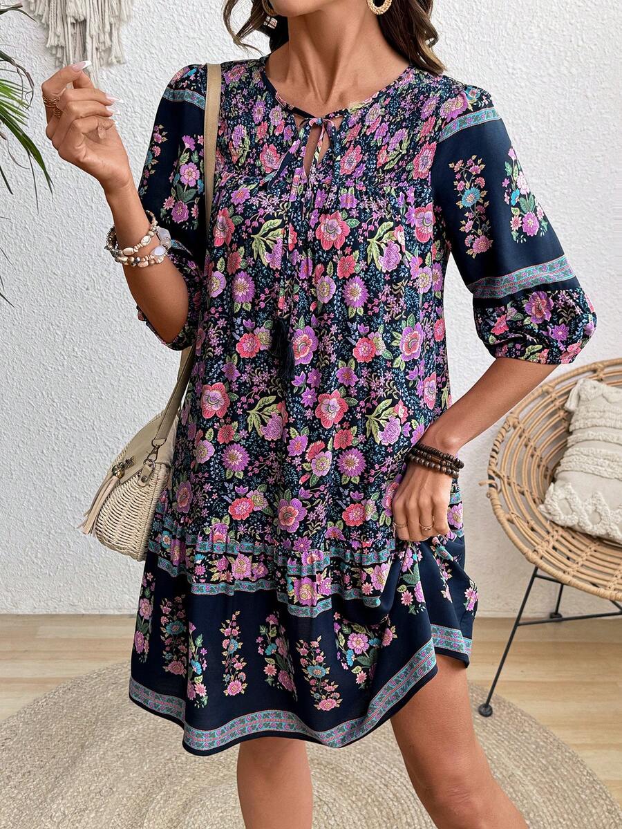 Breezaya Vestido con mangas de farol con estampado, cuello con lazo, para vacaciones y playa - Morado - Ver 1