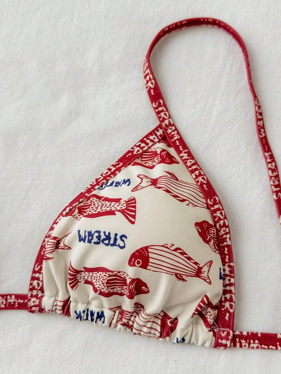 Travachic Women's Summer Beach Letter & Fish Print Sexy Bikini Swimsuit Set - Multicolor - View 1