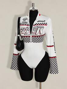 SHEIN ICON Áo liền thân cỡ lớn dành cho nữ, họa tiết kẻ caro kiểu xe đua, màu đỏ ôm sát. - trắng - Xem 10