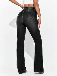 Selenza Casual Washed High Waist Flare Leg Jeans - Black - View 2