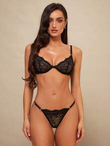 Silquee 睫毛蕾丝钢圈文胸和内裤性感内衣套装 - 黑色 - 查看 1