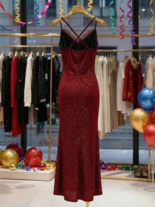 Franclia Women's Dark Red Shimmering Elegant Party Dress For Summer,Lace Halter Neck Backless Evening Gown,Sleeveless Wedding Guest Bridesmaid Graduation Dress - Bright Red - View 2