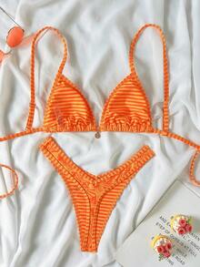 Swim Mod 2-Piece Set,Red Orange,Summer,Casual,Holiday,Vacation,Holiday Floral Print Gold Disc Decor Halter Triangle Bikini Top And High Cut Thong Swimwear - Multicolor - View 2