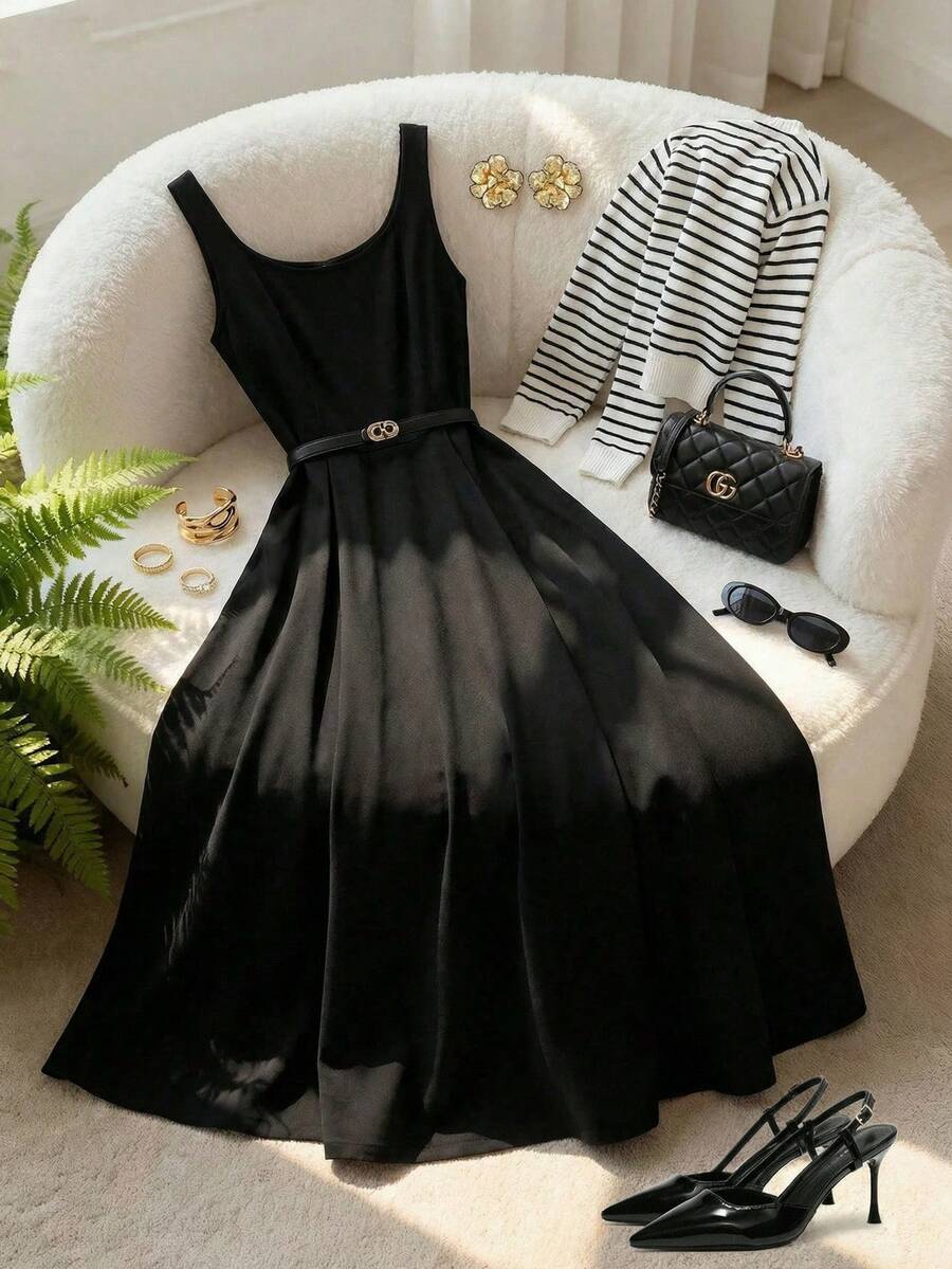 Ellevyn 优雅女士圆领收腰A字中长连衣裙，配条纹披肩两件套，适合通勤、约会、外出、度假、婚礼宾客、晚礼服等场合。 - 黑與白 - 查看 1