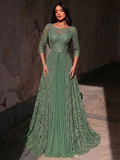 Aureia 优雅奢华弹力蕾丝拼接雪纺褶皱水钻薄纱袖A字连衣裙，适合婚礼、派对、度假、舞会、节日、新娘、新娘母亲、晚礼服等场合。