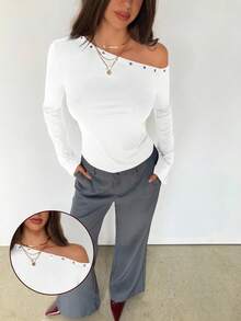 Aloruh 女士新款长袖T恤上衣，不对称肩部设计，饰有铆钉孔眼，休闲百搭户外白色夏季度假上衣，适合女士外出穿着。 - 白色 - 查看 9