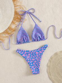Swim Mod 2026春夏新款印花性感露背挂脖系带比基尼两件套泳衣 - 彩色 - 查看 3