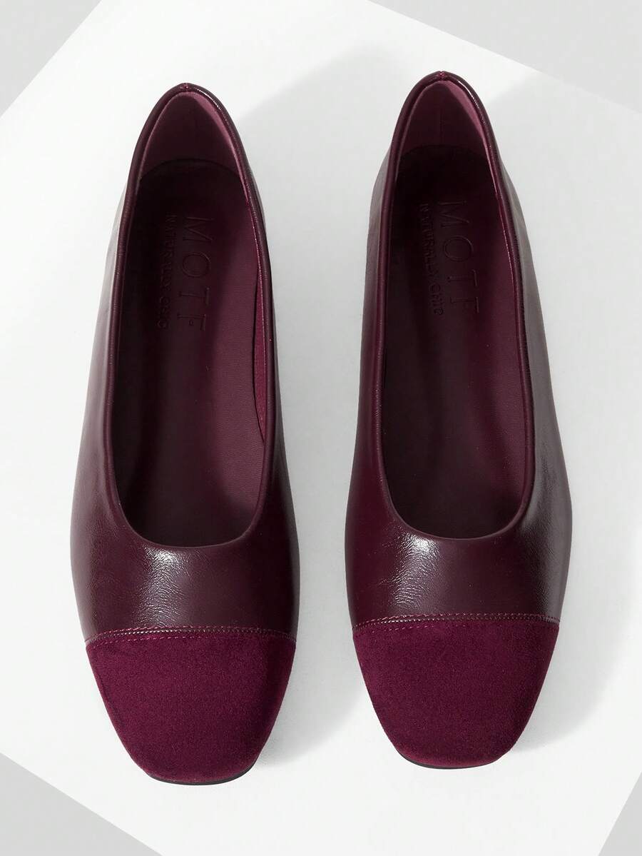 MOTF WOMEN CONTRAST PU LEATHER SQUARE TOE FLATS FOR CHRISTMAS SPRING SHOES - Burgundy - View 2