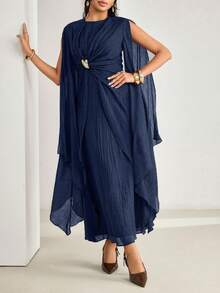 Veilorie New Design Asymmetrical Long Sleeve Waist Ruched Twist Metal Buckle Decor Elegant Lightweight Flowy Cocktail Dress - Navy Blue - View 7