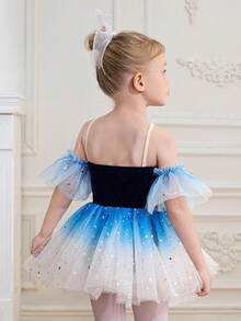 SHEIN Vestito da balletto tutu per ragazze giovani, abito da ballo con maniche in rete a contrasto di colore, orlo in rete sfumato, maniche in rete da principessa, elegante e alla moda - Blu - Visualizzare 2