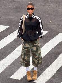 Muchica 女士黑色条纹网眼薄外套，带纽扣设计 - 黑色 - 查看 6