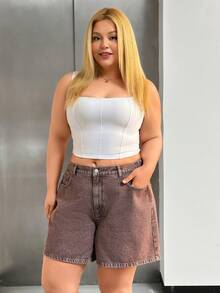 SHEIN Pantalones cortos de mezclilla de talla grande, lavados, de cintura alta - Marrón - Ver 3