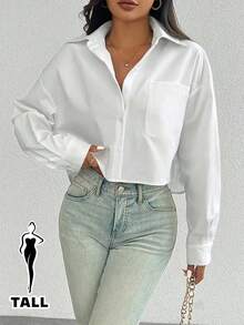 SHEIN Tall Áo sơ mi nữ đơn giản, đa năng, thời trang, tay dài, một túi, cổ bẻ, thiết kế nút, rộng rãi, độc đáo - trắng - Xem 1