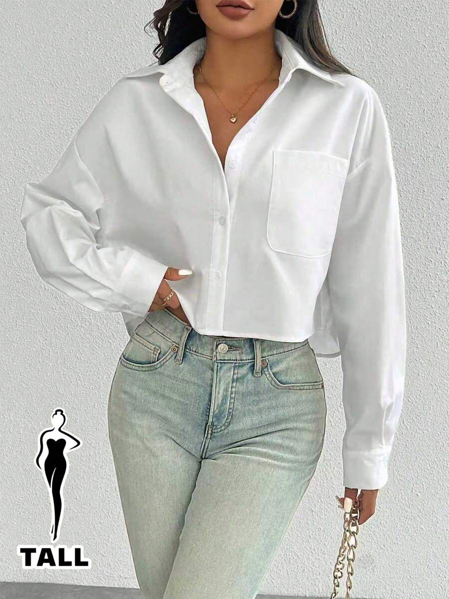SHEIN Tall Áo sơ mi nữ đơn giản, đa năng, thời trang, tay dài, một túi, cổ bẻ, thiết kế nút, rộng rãi, độc đáo - trắng - Xem 1