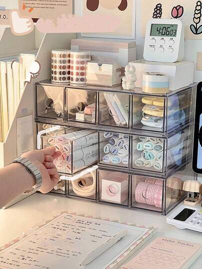 1pc 4-Compartment Large Capacity Acrylic Dual-Use Desktop Storage Box, Pen Holder, Creative Contact Lens Case, Student Office Drawer Organizer, Cane, Marker, And Stationery Storage.