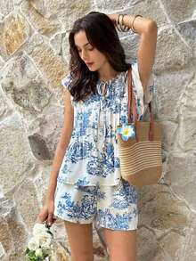 SHEIN Frenchy Bộ đồ 2 món dành cho nữ, họa tiết cây cỏ, cổ buộc dây, tay ngắn, áo và quần short. - Xanh và trắng - Xem 5