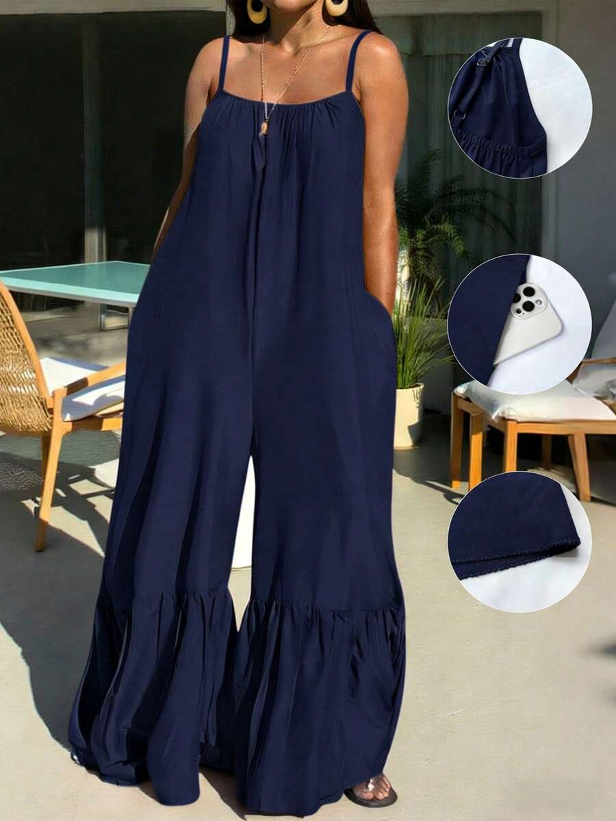 INAWLY Women's Fashion Casual Solid Color Jumpsuit - Navy Blue - View 1