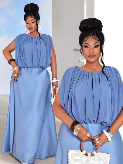 Maweii Plus Size Women's Dusty Blue Satin Ruched Neck Sleeveless Flowy Maxi Dress, Elegant Fit For Spring & Summer Wedding Guest & Party Outings