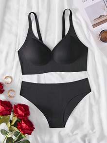 NudeFit 2件套无缝标签女士文胸和内裤套装 - 黑色 - 查看 1