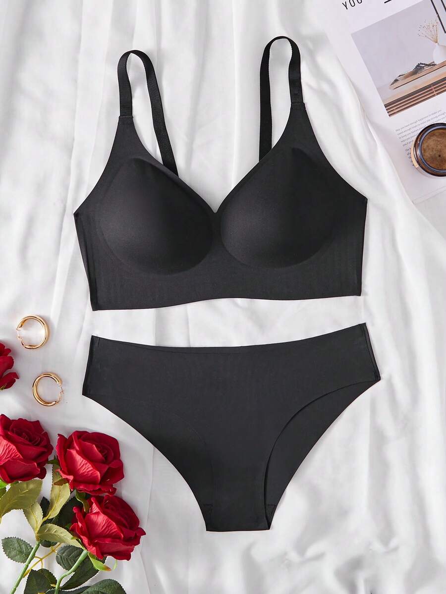 NudeFit 2件套无缝标签女士文胸和内裤套装 - 黑色 - 查看 1