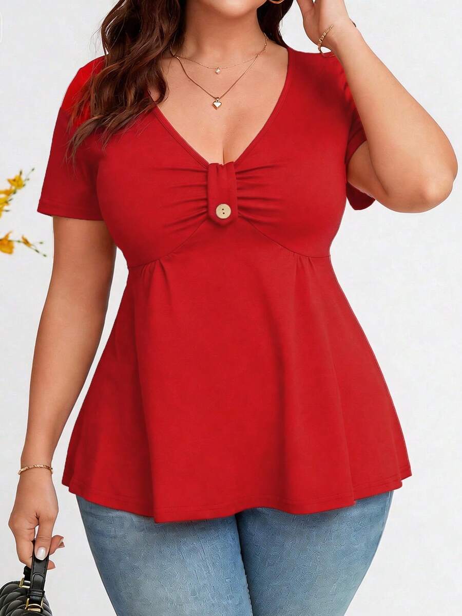 Plus Size Casual Solid Color Short Sleeve T-Shirt, Summer - Red - View 1