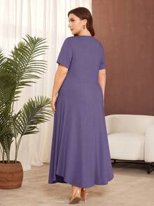 Lacomfia Plus Size Solid Color Short Sleeve Knit Casual Ruffle Hem Dress - Purple - View 2