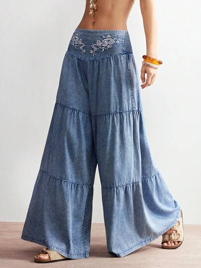 Bohemela 波西米亚风度假休闲梭织刺绣宽松阔腿女式牛仔裤