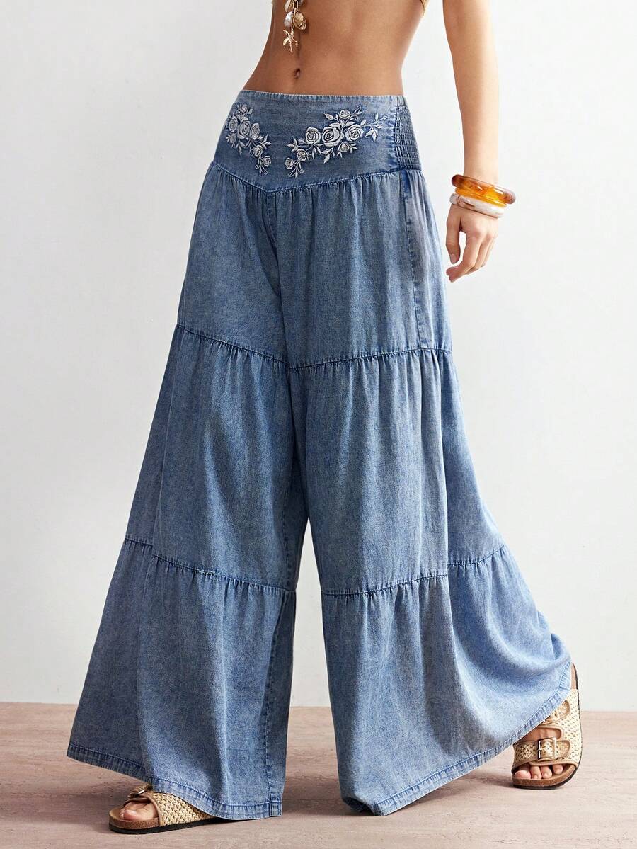 Bohemela 波西米亚风度假休闲梭织刺绣宽松阔腿女式牛仔裤 - 藍色 - 查看 1